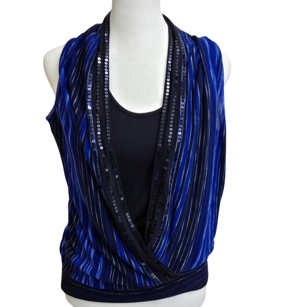 INC International Concepts Women Blue Black Striped‎ Sequins Cowl Neck Top M